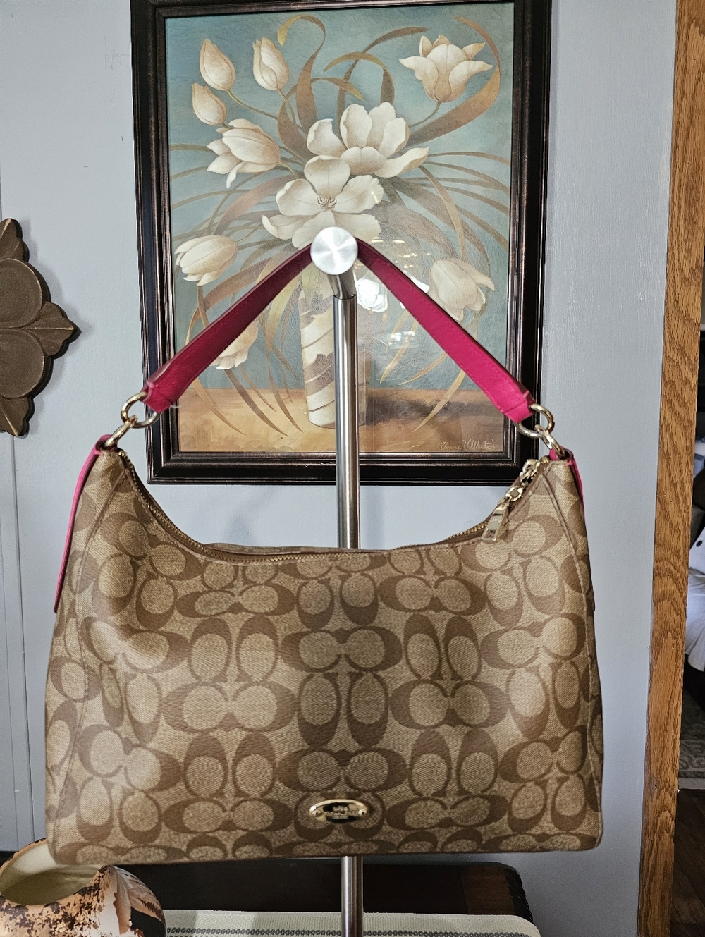 Coach Signature Canvas Shoulder Bag with Pink Strap